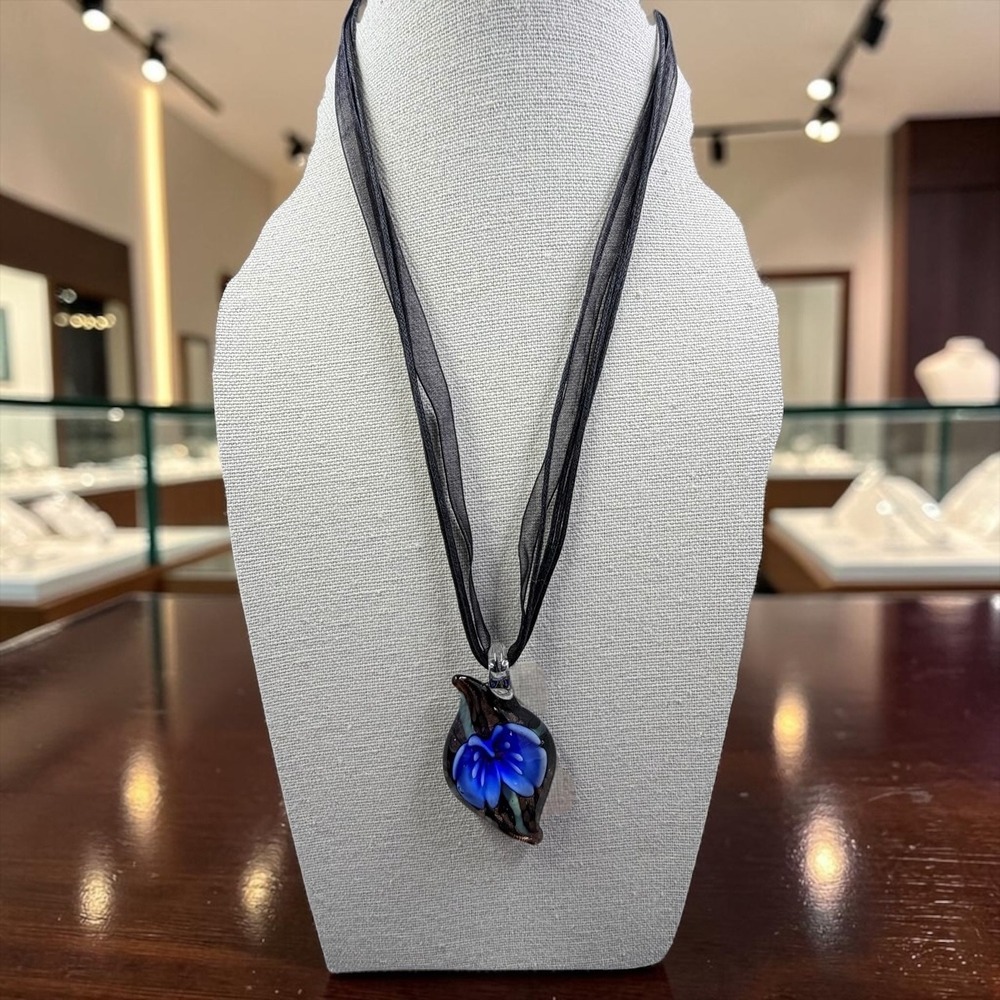 Art Glass Lampwork Blue Flower Pendant Necklace Black Organza Ribbon Y2K Boho